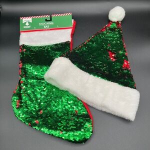 Christmas House Sequin‎ Stocking Santa Hat Set Green Red White Holiday Decor